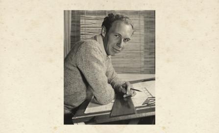 , Bryce Mortlock at his drafting desk in the 1950s. Photograph by Max Dupain, courtesy of the Mortlock family